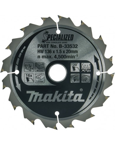 TCT Specialized žagin list za les 136 mm (16 zob) 136x20x16Z Makita B-33532 TCT Specialized žagin list za les 136 mm (16 zob) 136x20x16Z Makita B-33532