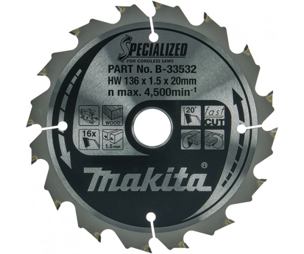 TCT Specialized žagin list za les 136 mm (16 zob) 136x20x16Z Makita B-33532 TCT Specialized žagin list za les 136 mm (16 zob) 136x20x16Z Makita B-33532