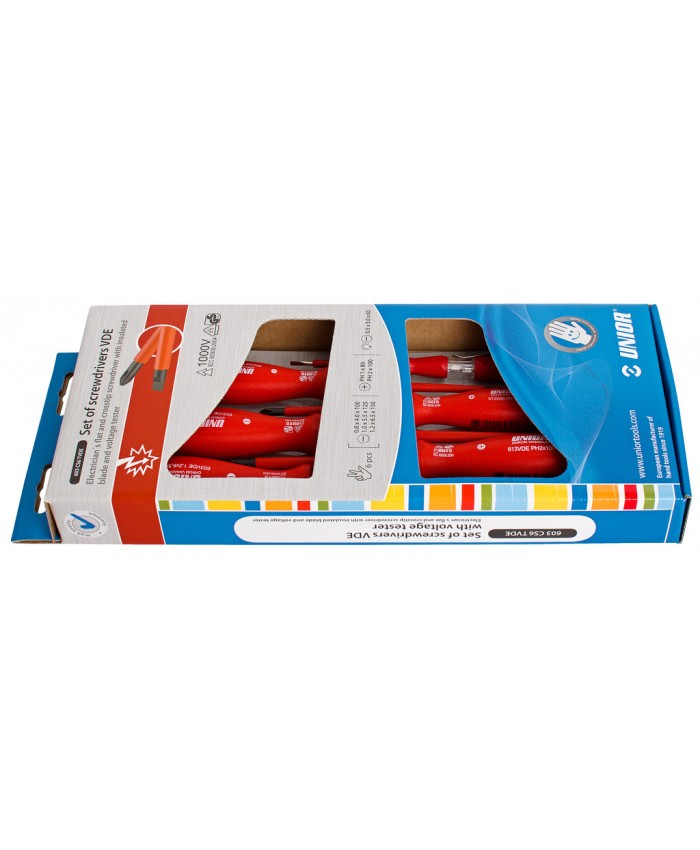Garnitura izvijačev VDE s preizkuševalcem napetosti v kartonu 603CS6T Unior 617045 Garnitura izvijačev VDE s preizkuševalcem napetosti v kartonu 603CS6T Unior 617045